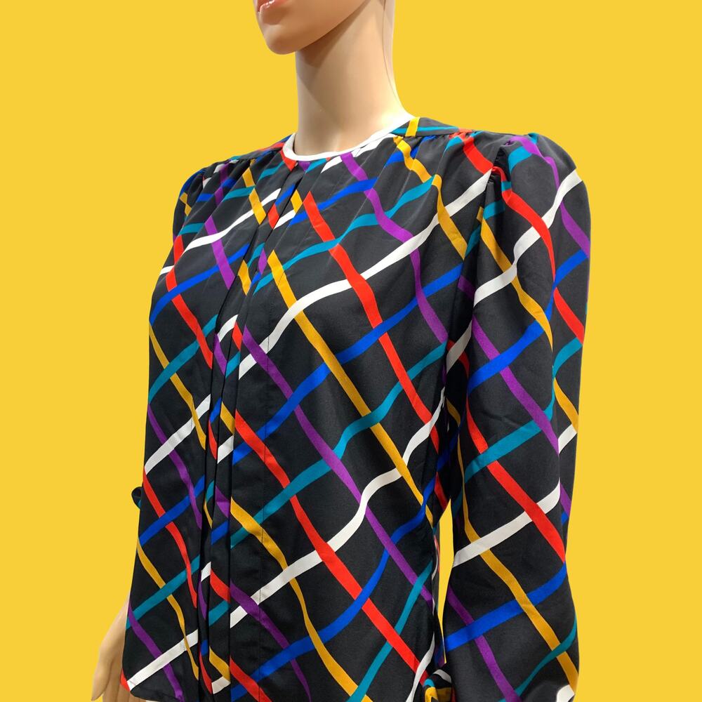 80s 90s Albert Nipon Colorful Grid Pattern Blouse | Pleat Front | XS